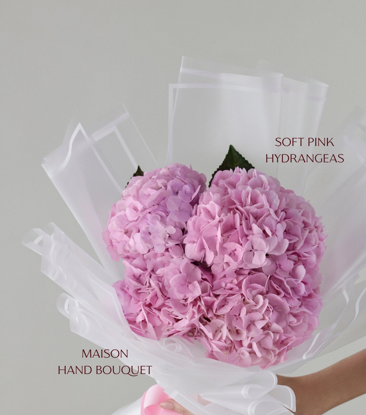 Close-up of soft pink hydrangeas hand-tied luxury bouquet — The Soft Pink Hydrangea Bouquet by Mireyaa, Mumbai same-day delivery