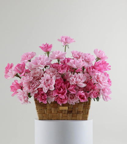 Front view of blush pink roses in a low rectangular basket — The Sculpted Rose Rectangular Basket by Mireyaa, Mumbai same-day delivery