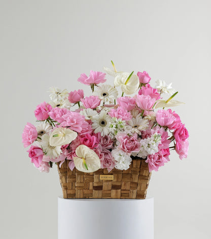 Front view of garden mix flowers in a low rectangular basket — The Blush Garden Rectangular Basket by Mireyaa, Mumbai same-day delivery