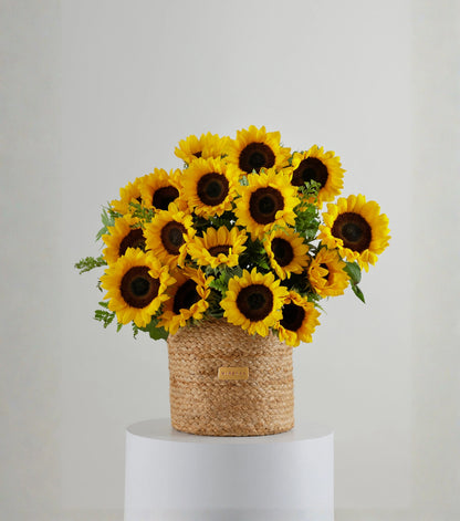 Front view of sunflowers in a handwoven jute harvest basket — The Sunlit Harvest Basket by Mireyaa, Mumbai same-day delivery