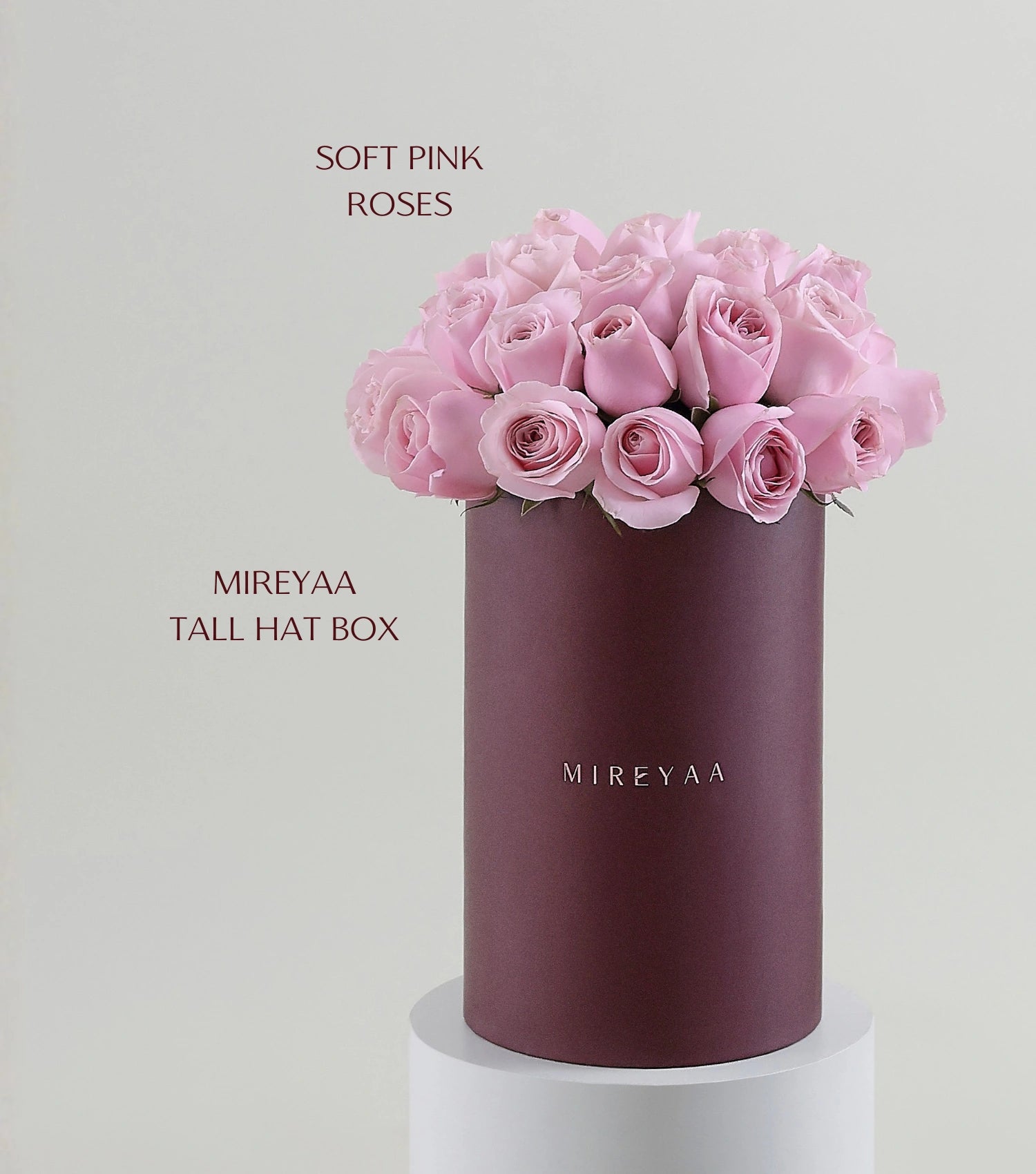 Side view of soft pink roses in a Mireyaa Tall Hat Box — The Soft Rose Tall Hat Box by Mireyaa, Mumbai same-day delivery
