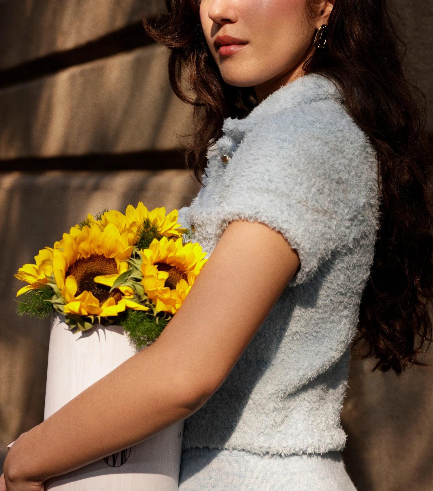 Detail of sunflowers in a Mireyaa Classic Hat Box — The Sunflower Yellow Classic Hat Box by Mireyaa, Mumbai same-day delivery