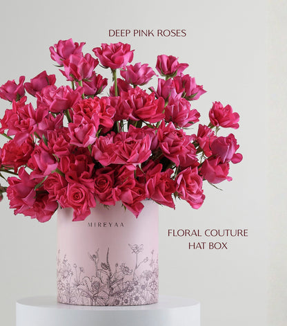 Close-up of deep pink roses in a Mireyaa Couture Hat Box — The Sculpted Rose Couture Hat Box by Mireyaa, Mumbai same-day delivery