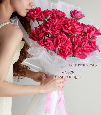 Side view of deep pink roses hand-tied luxury bouquet — The Sculpted Rose Bouquet by Mireyaa, Mumbai same-day delivery