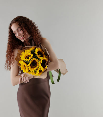 Side view of sunflowers hand-tied luxury bouquet — The Sunflower Yellow Bouquet by Mireyaa, Mumbai same-day delivery