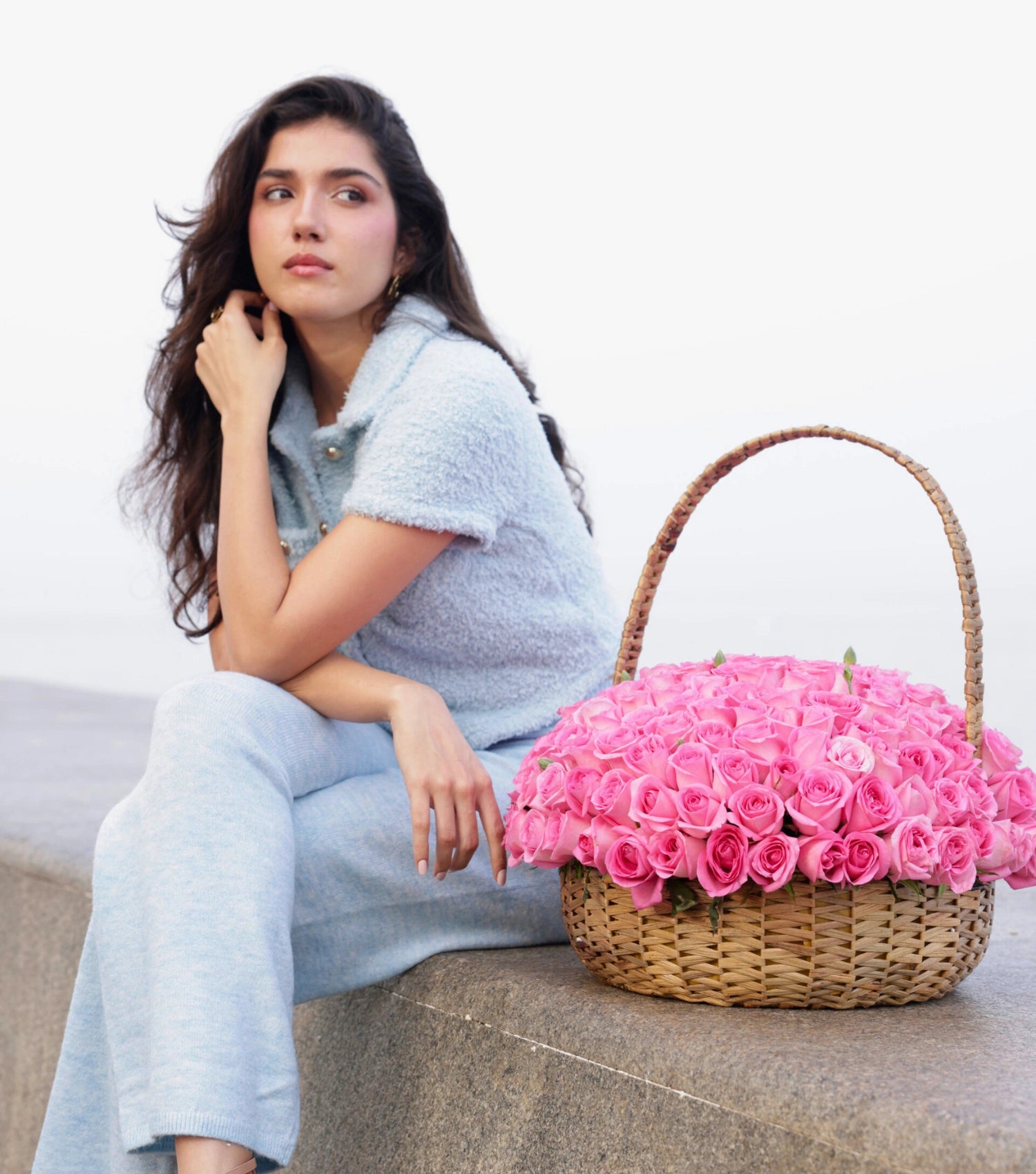 Detail of blush pink roses in a water hyacinth estate basket — variant of The Grand Rose Estate Basket by Mireyaa