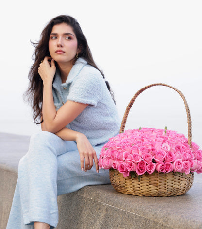 Detail of blush pink roses in a water hyacinth estate basket — variant of The Grand Rose Estate Basket by Mireyaa