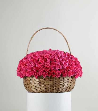 Deep pink Grande rose dome in a water hyacinth estate basket — variant of The Grand Rose Estate Basket by Mireyaa
