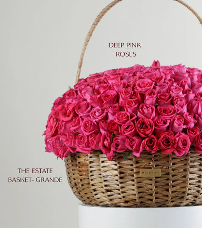Deep pink Grande size rose arrangement — colour variant of The Grand Rose Estate Basket by Mireyaa