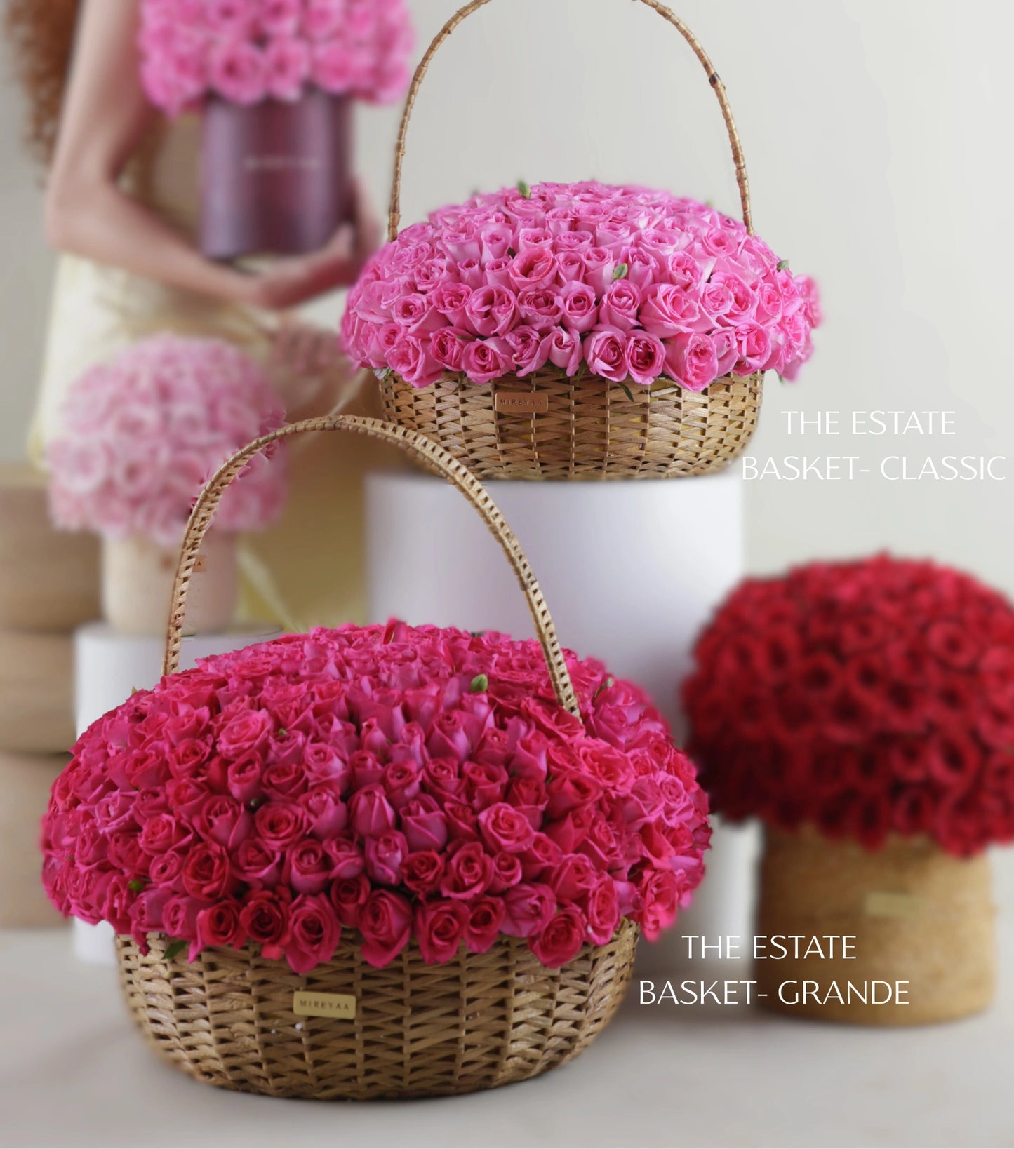 Packaging and size variants for The Grand Rose Estate Basket showing Classic and Grande proportions — Mireyaa
