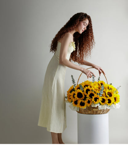 Detail of Grande size sunflowers in a water hyacinth estate basket — The Sunfield Estate Basket by Mireyaa, Mumbai same-day delivery