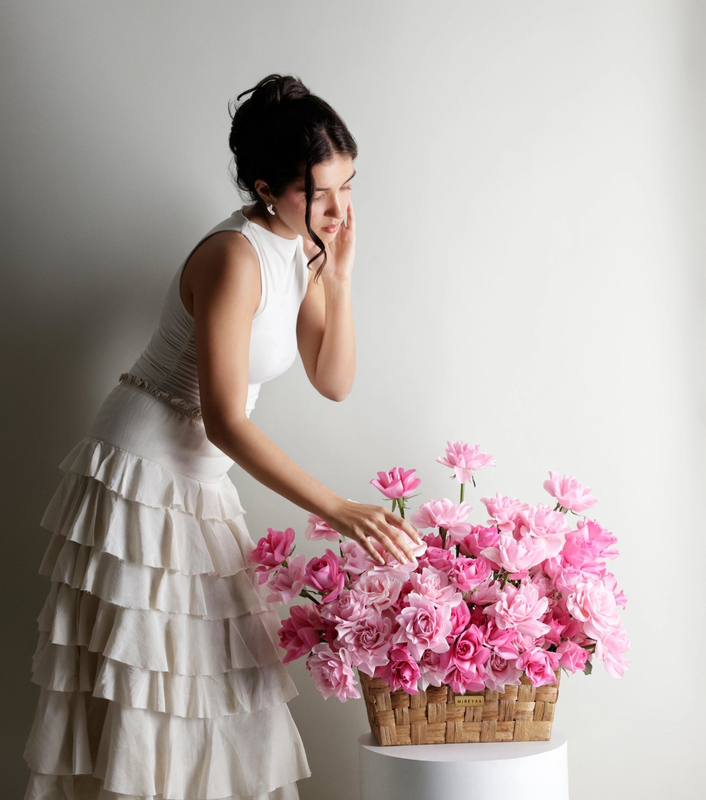 Detail of blush pink roses in a low rectangular basket — The Sculpted Rose Rectangular Basket by Mireyaa, Mumbai same-day delivery