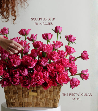 Close-up of deep pink roses in a low rectangular basket — The Deep Rose Rectangular Basket by Mireyaa, Mumbai same-day delivery