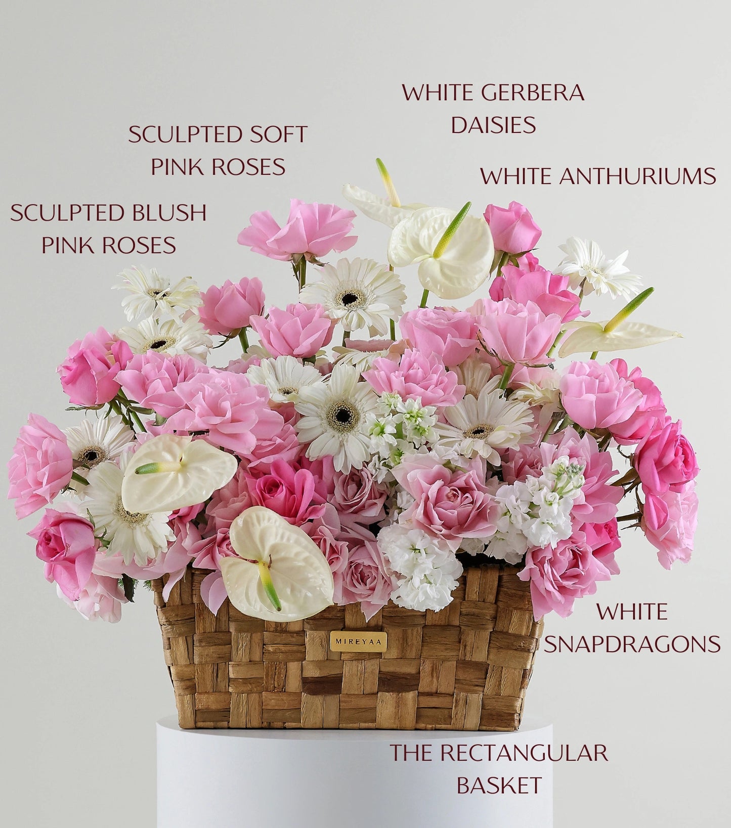 Close-up of garden mix flowers in a low rectangular basket — The Blush Garden Rectangular Basket by Mireyaa, Mumbai same-day delivery