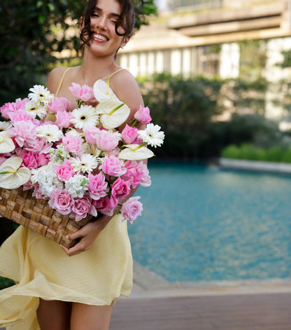Side view of garden mix flowers in a low rectangular basket — The Blush Garden Rectangular Basket by Mireyaa, Mumbai same-day delivery
