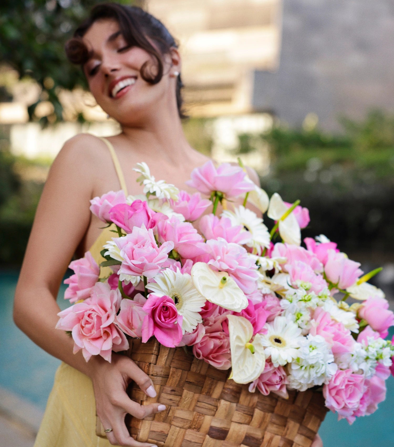 Detail of garden mix flowers in a low rectangular basket — The Blush Garden Rectangular Basket by Mireyaa, Mumbai same-day delivery