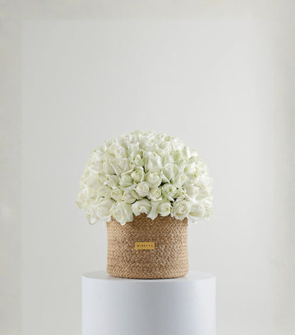 Front view of ivory white roses in a handwoven jute harvest basket — The Ivory Harvest Basket by Mireyaa, Mumbai same-day delivery