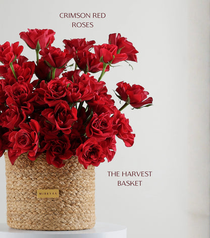 Close-up of deep pink roses in a handwoven jute harvest basket — The Sculpted Rose Harvest Basket by Mireyaa, Mumbai same-day delivery