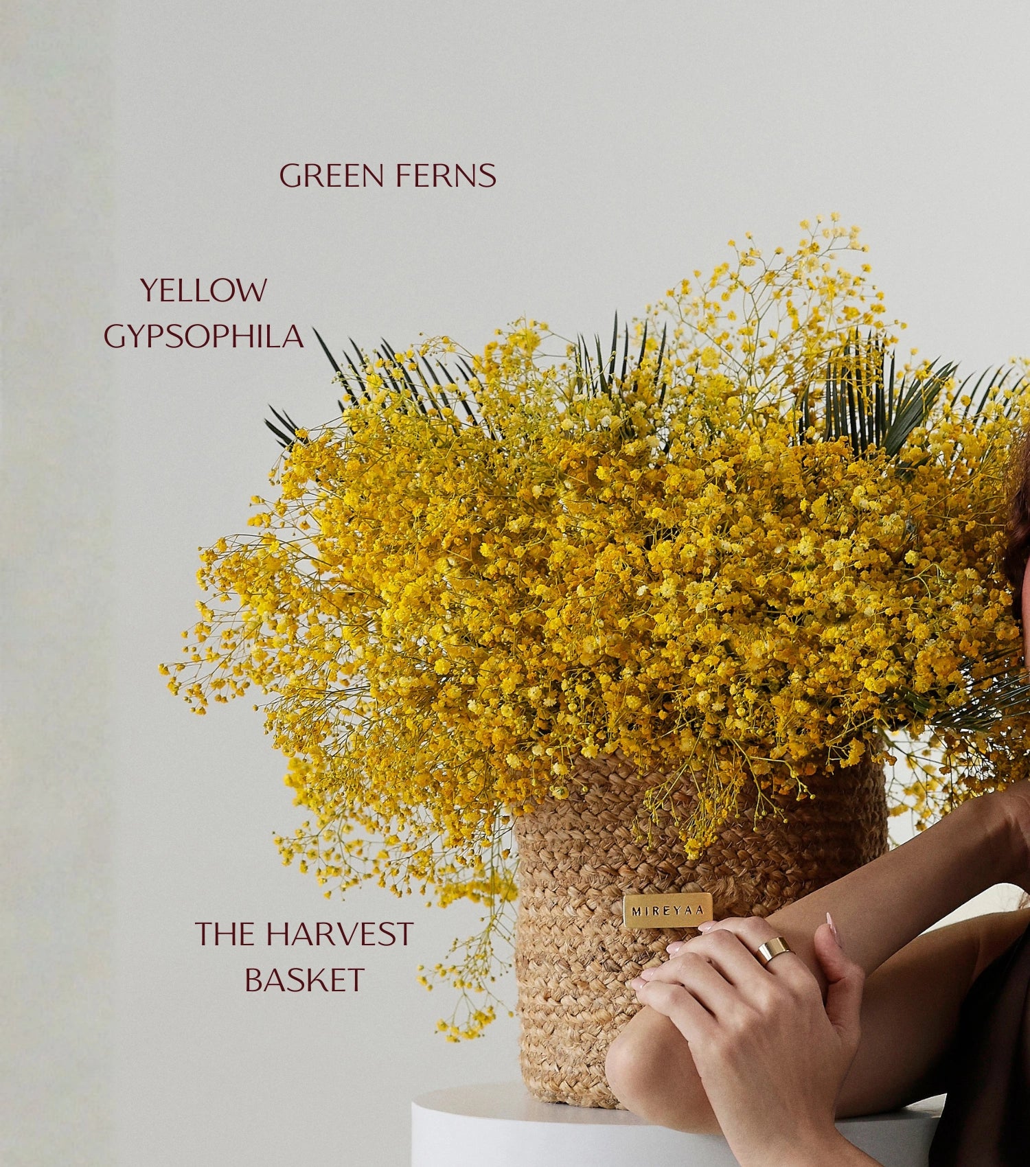 Close-up of garden mix flowers in a handwoven jute harvest basket — The Golden Meadow Harvest Basket by Mireyaa, Mumbai same-day delivery