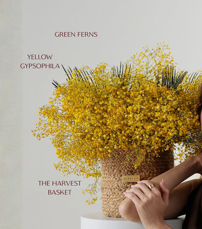 Close-up of garden mix flowers in a handwoven jute harvest basket — The Golden Meadow Harvest Basket by Mireyaa, Mumbai same-day delivery