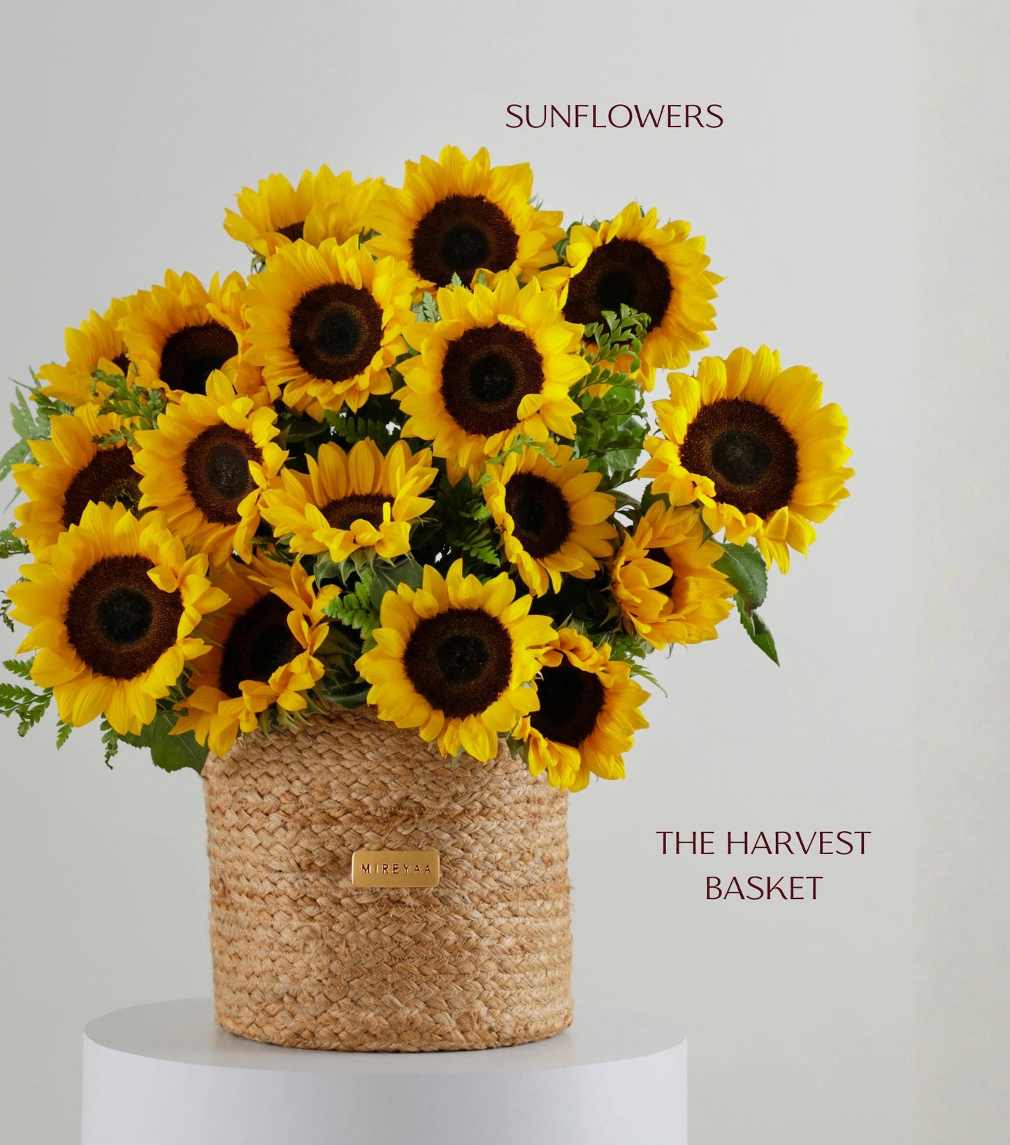 Close-up of sunflowers in a handwoven jute harvest basket — The Sunlit Harvest Basket by Mireyaa, Mumbai same-day delivery