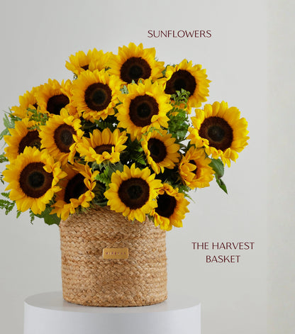 Close-up of sunflowers in a handwoven jute harvest basket — The Sunlit Harvest Basket by Mireyaa, Mumbai same-day delivery