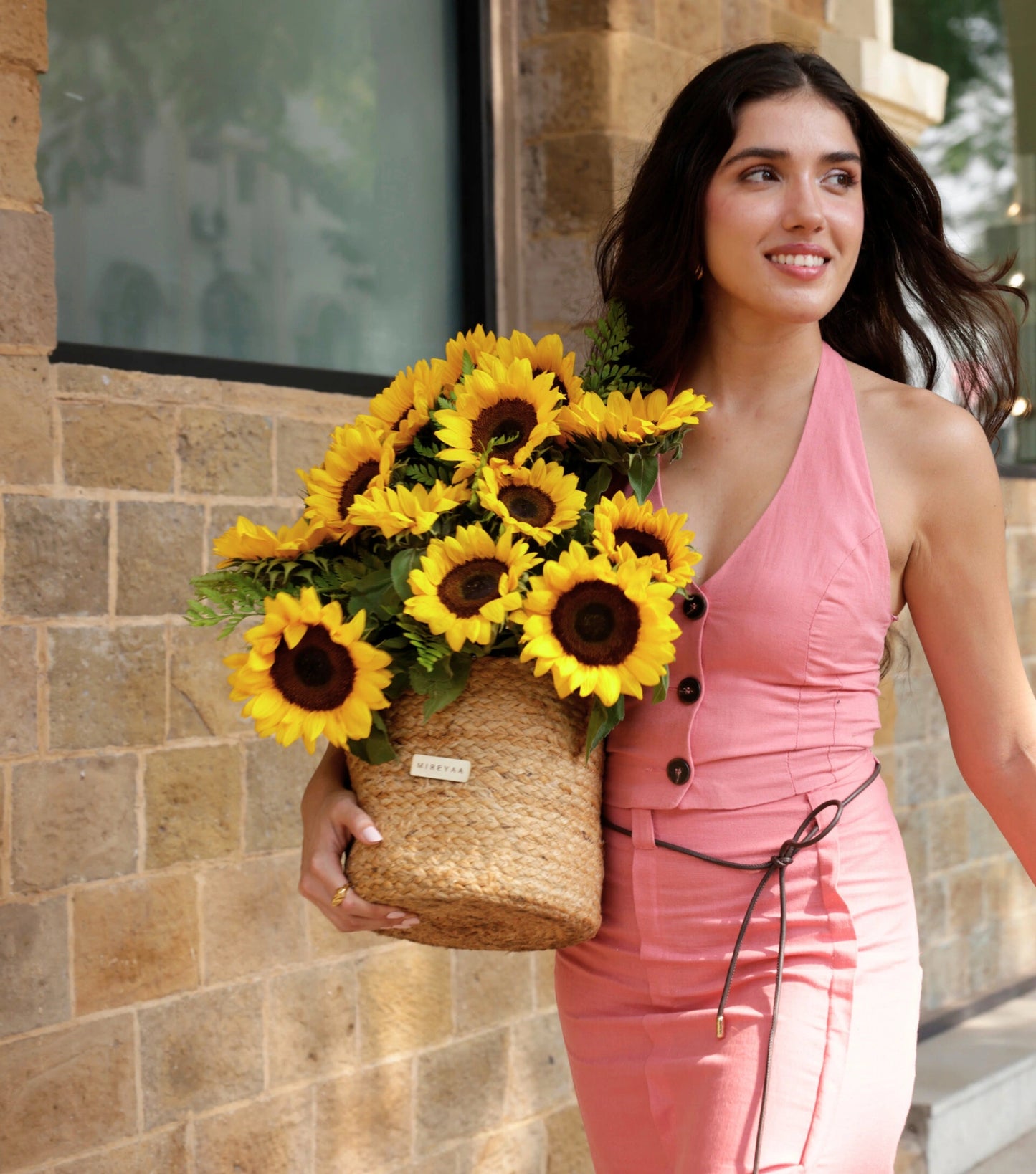 Hero shot of sunflowers in a handwoven jute harvest basket — The Sunlit Harvest Basket by Mireyaa, Mumbai same-day delivery
