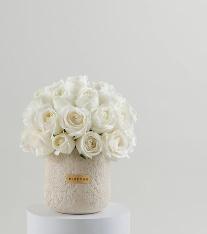 Ivory white roses arranged as a classic dome in a porcelain vessel — The Ivory Porcelain Dome by Mireyaa