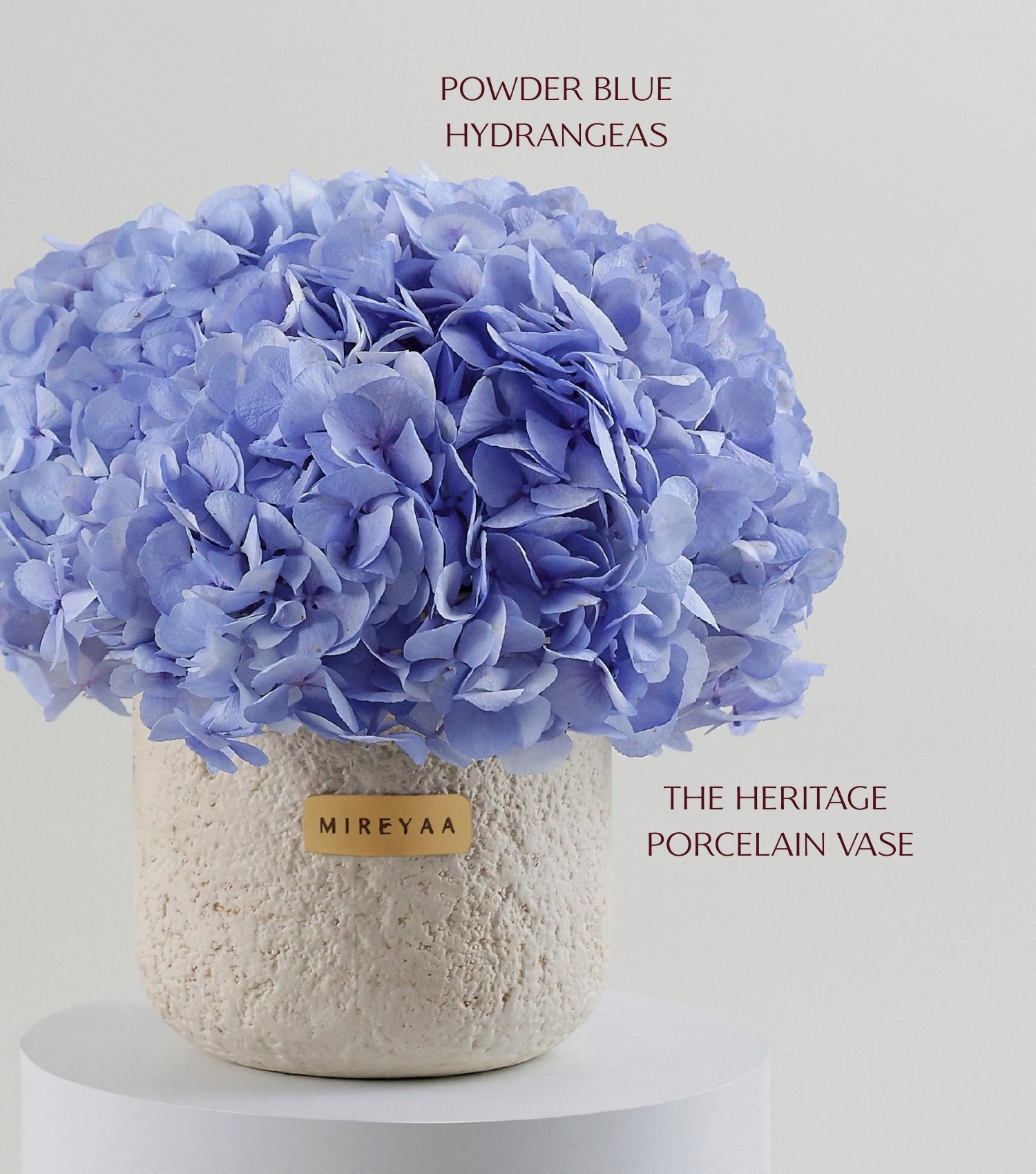 Side view of powder blue hydrangeas in a porcelain dome vessel — The Blue Hydrangea Porcelain Dome by Mireyaa, Mumbai same-day delivery