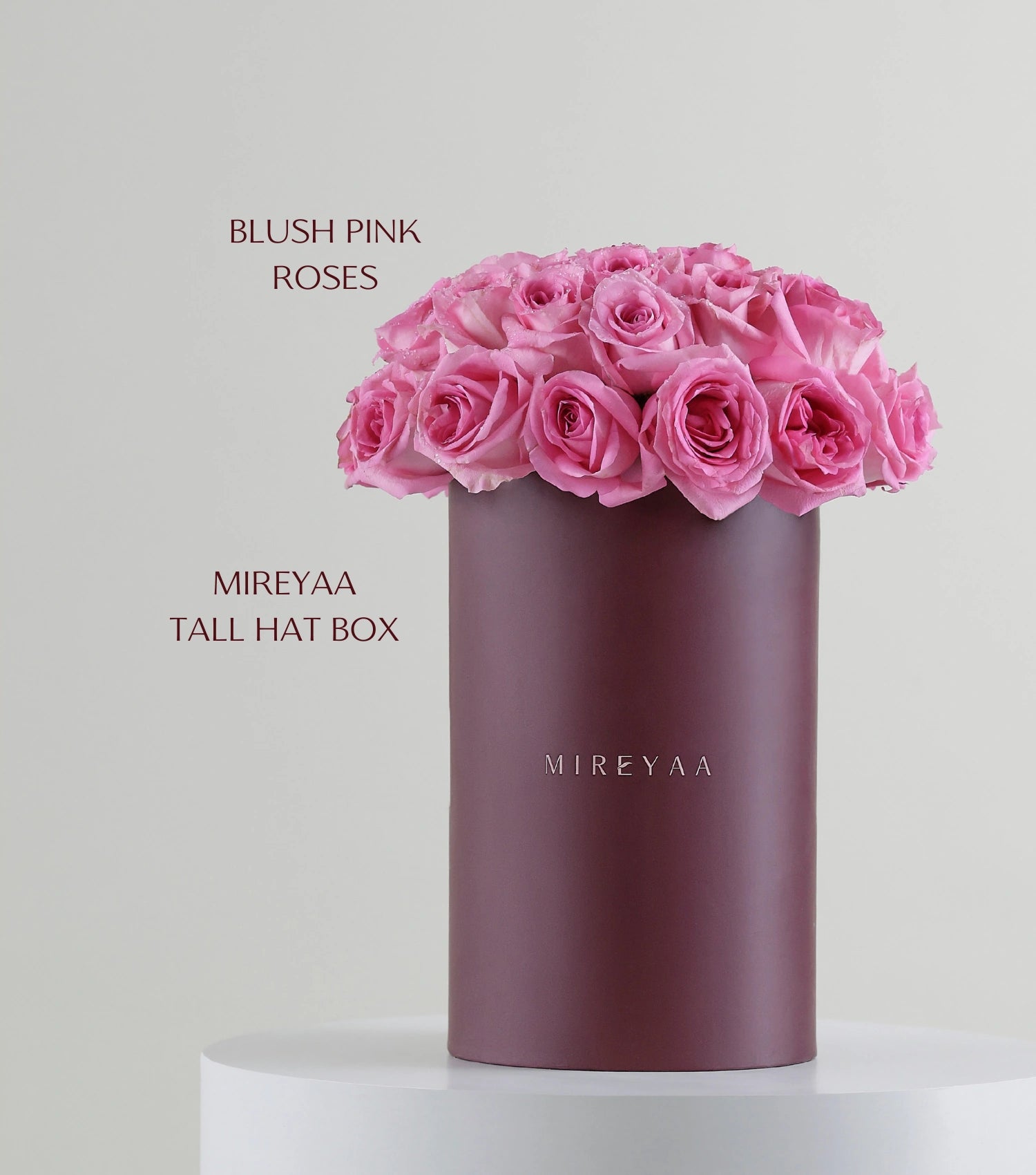 Side view of blush pink roses in a Mireyaa Tall Hat Box — The Blush Rose Tall Hat Box by Mireyaa, Mumbai same-day delivery