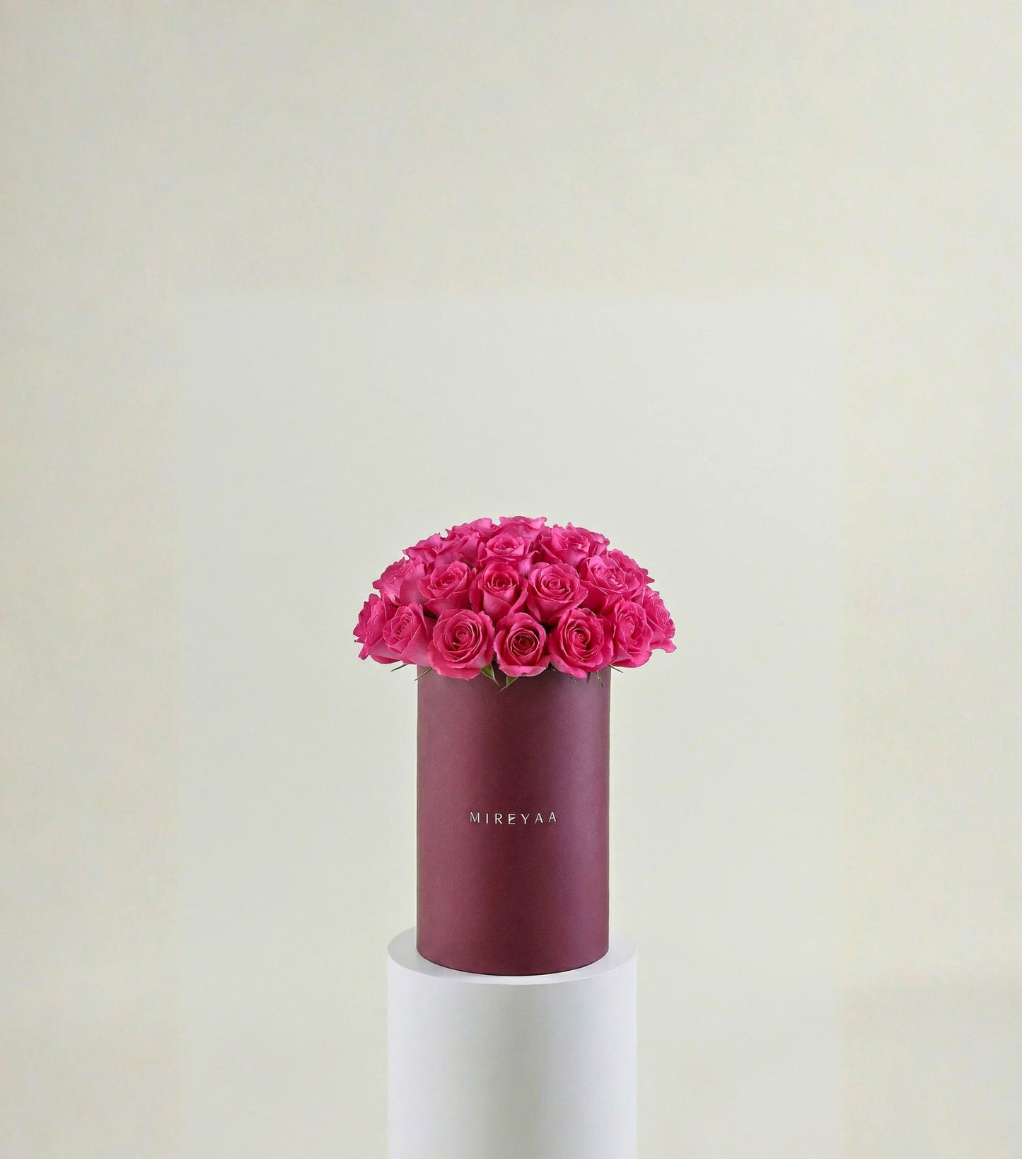 Front view of deep pink roses in a Mireyaa Tall Hat Box — The Soft Rose Tall Hat Box by Mireyaa, Mumbai same-day delivery