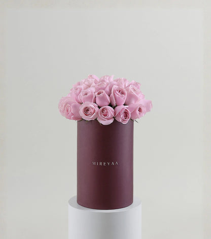 Front view of soft pink roses in a Mireyaa Tall Hat Box — The Soft Rose Tall Hat Box by Mireyaa, Mumbai same-day delivery