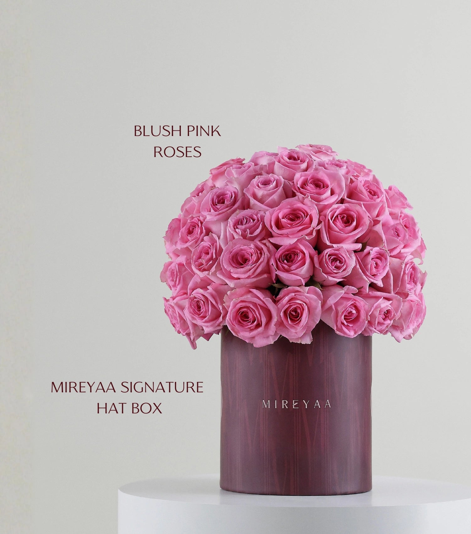 Side view of blush pink roses in Mireyaa Classic Hat Box — colour variant by Mireyaa