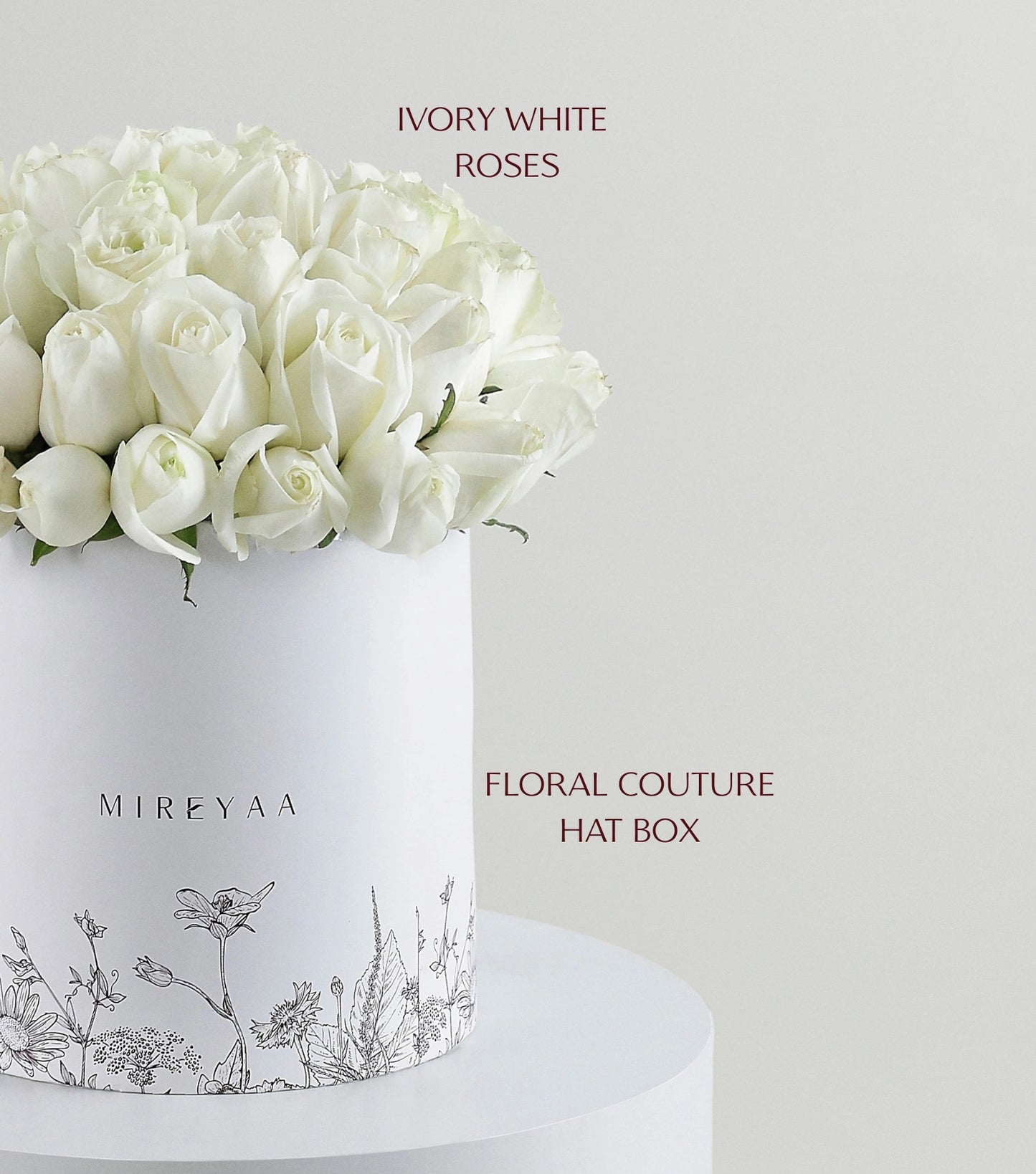 Close-up of ivory white roses in a Mireyaa Couture Hat Box — The Ivory Rose Couture Hat Box by Mireyaa, Mumbai same-day delivery