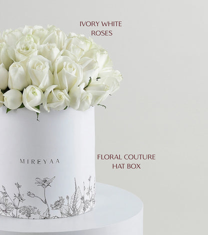 Close-up of ivory white roses in a Mireyaa Couture Hat Box — The Ivory Rose Couture Hat Box by Mireyaa, Mumbai same-day delivery