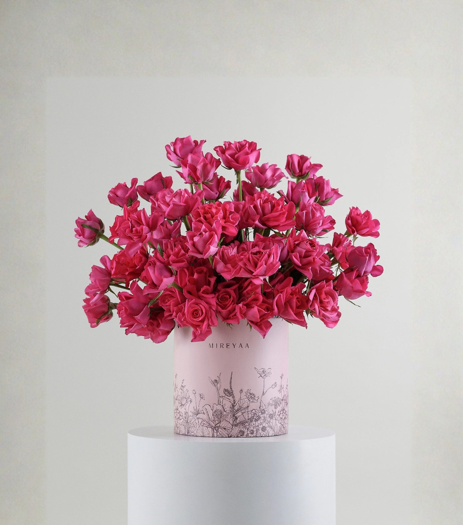 Front view of deep pink roses in a Mireyaa Couture Hat Box — The Sculpted Rose Couture Hat Box by Mireyaa, Mumbai same-day delivery