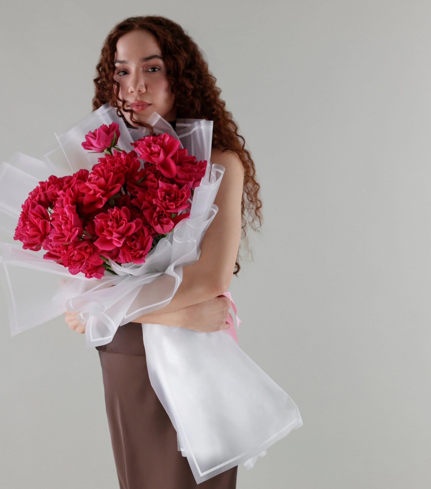 Close-up of deep pink roses hand-tied luxury bouquet — The Sculpted Rose Bouquet by Mireyaa, Mumbai same-day delivery