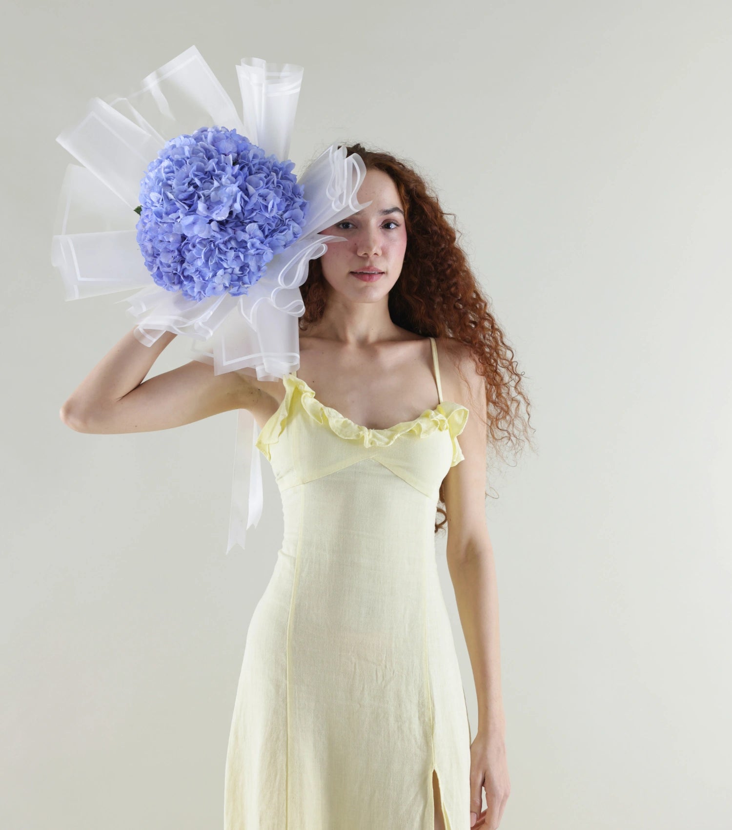 Front view of powder blue hydrangeas hand-tied luxury bouquet — The Powder Blue Hydrangea Bouquet by Mireyaa, Mumbai same-day delivery