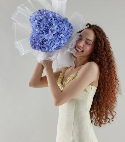 Close-up of powder blue hydrangeas hand-tied luxury bouquet — The Powder Blue Hydrangea Bouquet by Mireyaa, Mumbai same-day delivery