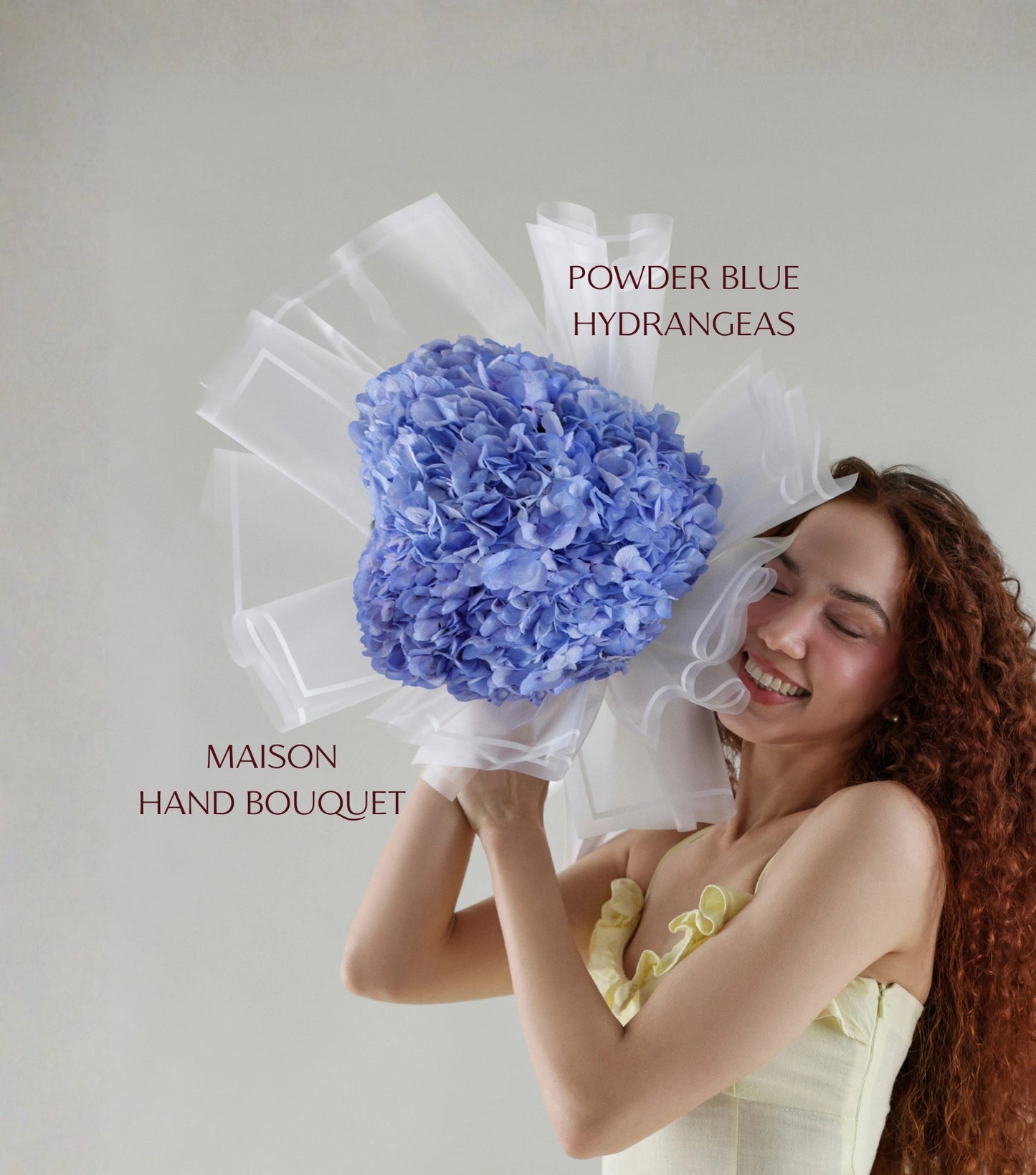 Side view of powder blue hydrangeas hand-tied luxury bouquet — The Powder Blue Hydrangea Bouquet by Mireyaa, Mumbai same-day delivery