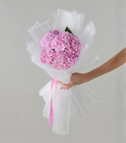 Front view of soft pink hydrangeas hand-tied luxury bouquet — The Soft Pink Hydrangea Bouquet by Mireyaa, Mumbai same-day delivery
