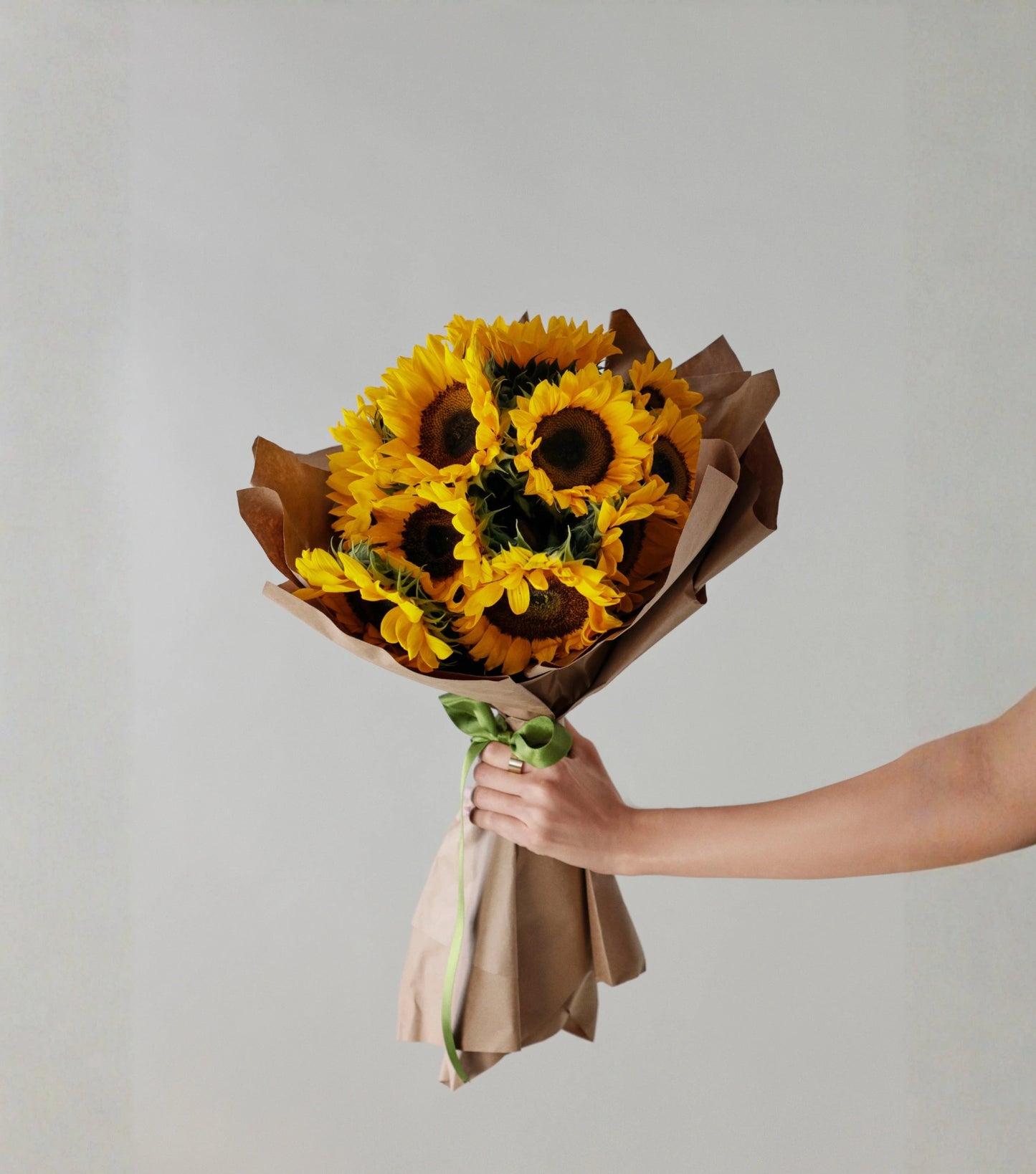 Front view of sunflowers hand-tied luxury bouquet — The Sunflower Yellow Bouquet by Mireyaa, Mumbai same-day delivery