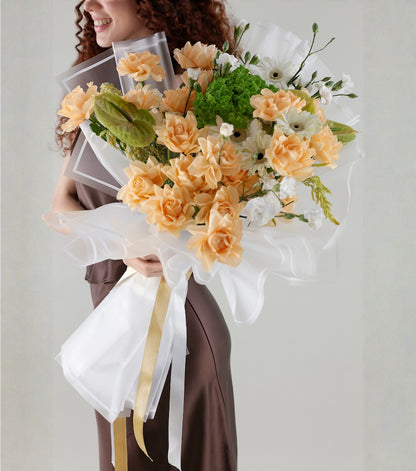 Front view of apricot garden mix flowers hand-tied luxury bouquet — The Apricot Garden Bouquet by Mireyaa, Mumbai same-day delivery