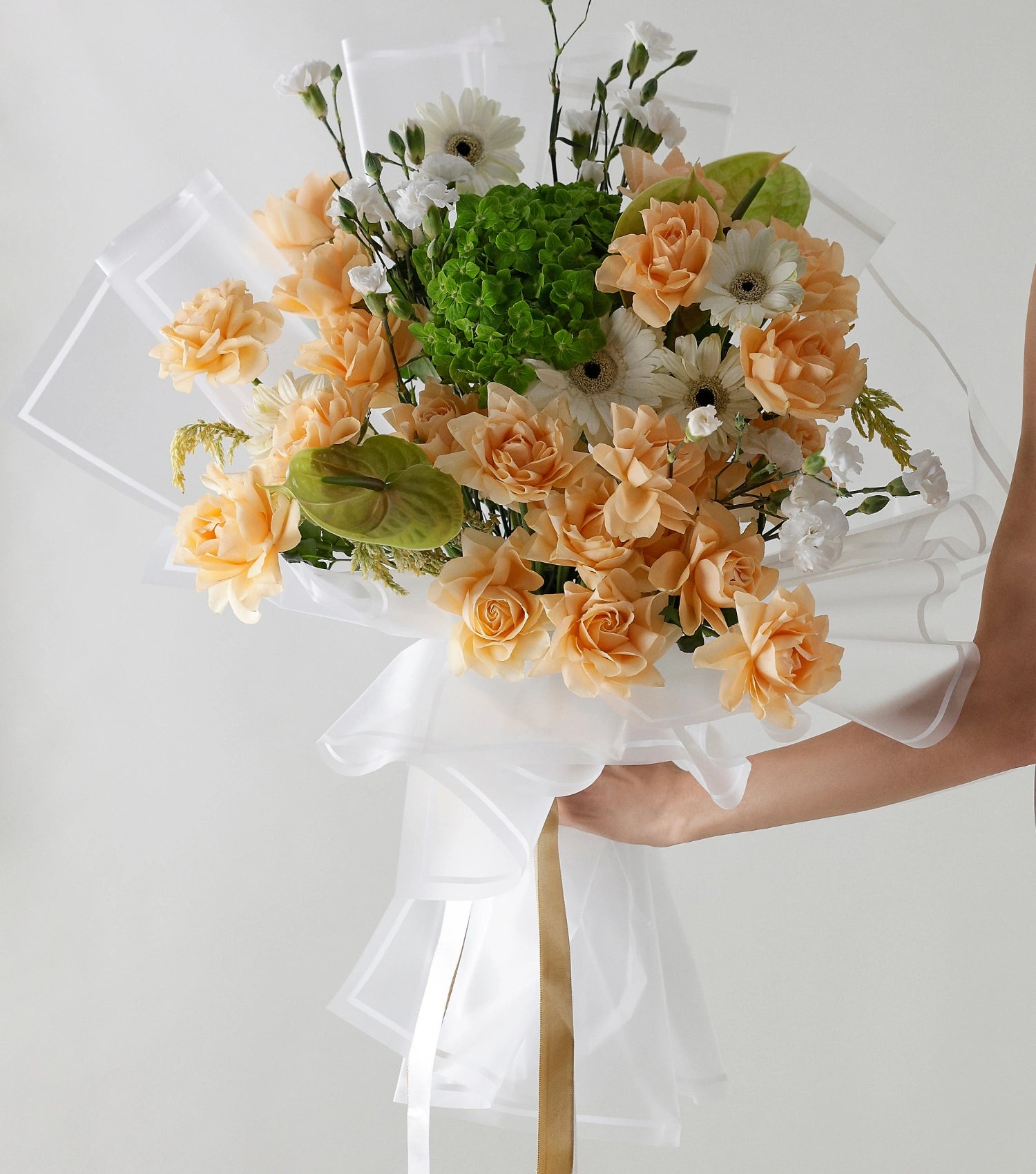 Detail of apricot garden mix flowers hand-tied luxury bouquet — The Apricot Garden Bouquet by Mireyaa, Mumbai same-day delivery