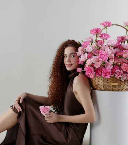 Detail of blush pink roses in a water hyacinth estate basket — The Petal Study Estate Basket by Mireyaa, Mumbai same-day delivery
